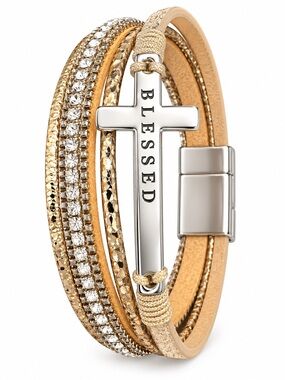 Gold Tone 'Blessed' Multi-Row Cross Wrap Bracelet